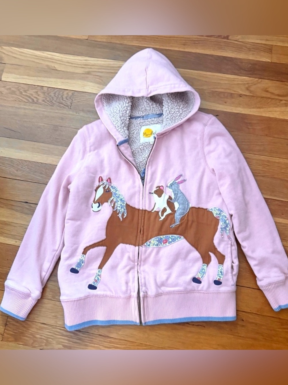 Mini Boden 11-12Y Pink Sherpa Lined Zip Front Equestrian Hooded Appliqué Jacket